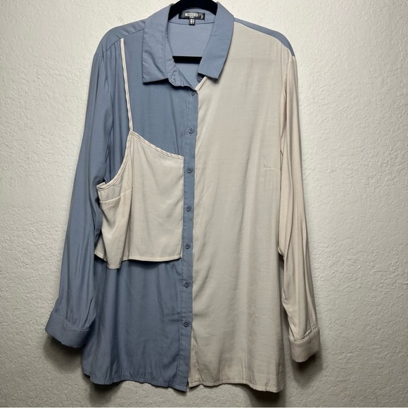 Missguided Plus Long Sleeve Button Front Colorblock Top Blue - Picture 1 of 7